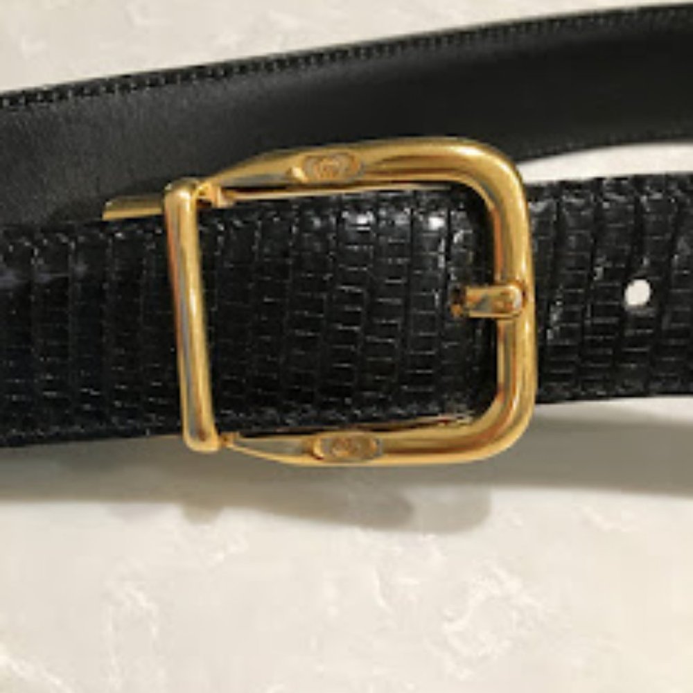 Vintage GUCCI belt gold square buckle interlocking GG reversable Lizard/black